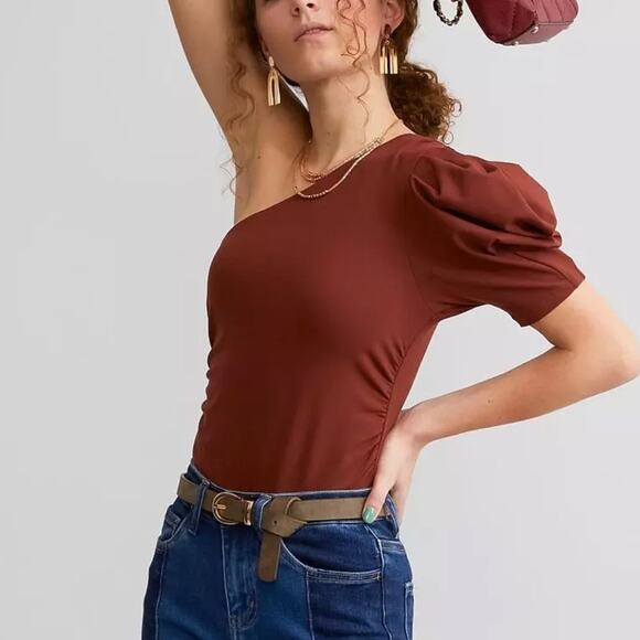 Free People Bodysuit One Sleeve Puff Shoulder Size Medium New - Picture 5 of 5